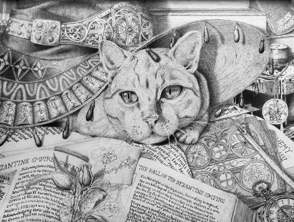 Heya!

I’m _toffat and I’m a pen and ink traditional artist!

Here’s some completed works and a WIP:

WIP ballpoint pen drawing of a cat hiding under a witch’s hat and on top of a book. The witch hat is inspired by a mix of Byzantine clothing, armor, and Eastern Orthodox Church ornamentation. 
She is surrounded by and lays on top of books. Upon one of the books, a dirty reed pen lays on top of a handkerchief. A sticky note on the front book reads “Βασίλειος”, which is the name of the cat.
An almond branch and an acacia branch east on the front book, and to its right is a pocket watch.
