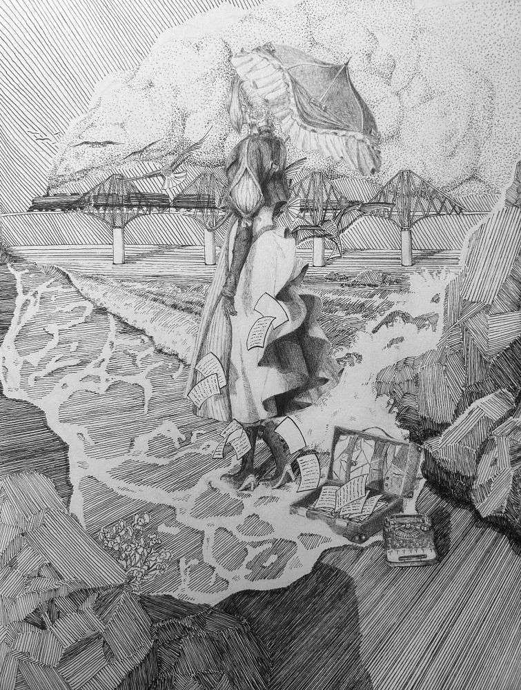 Pen and ink fanart of Violet Evergarden walking along a rocky beach. Papers fly around her and transform into birds. A train in the distance blows steam.