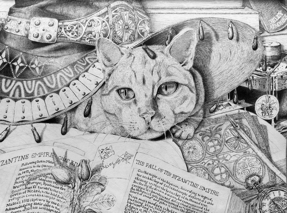 WIP ballpoint pen drawing of a cat hiding under a witch’s hat and on top of a book. The witch hat is inspired by a mix of Byzantine clothing, armor, and Eastern Orthodox Church ornamentation. 
She is surrounded by and lays on top of books. Upon one of the books, a dirty reed pen lays on top of a handkerchief. A sticky note on the front book reads “Βασίλειος”, which is the name of the cat.
An almond branch and an acacia branch east on the front book, and to its right is a pocket watch.