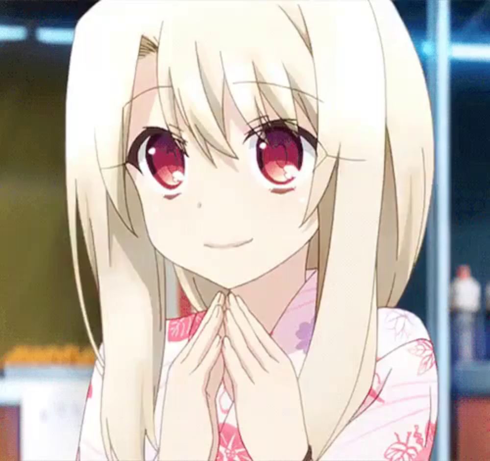 a girl with white hair and red eyes is smiling with her hands together