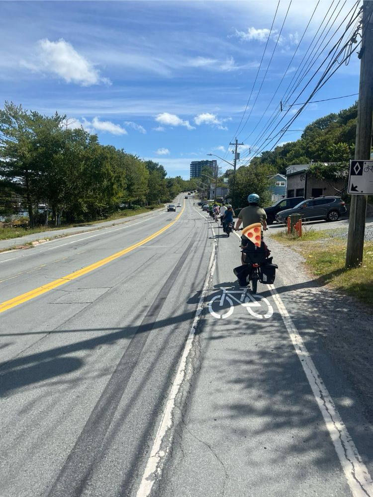 A group of people on bikes in a painted bike lane