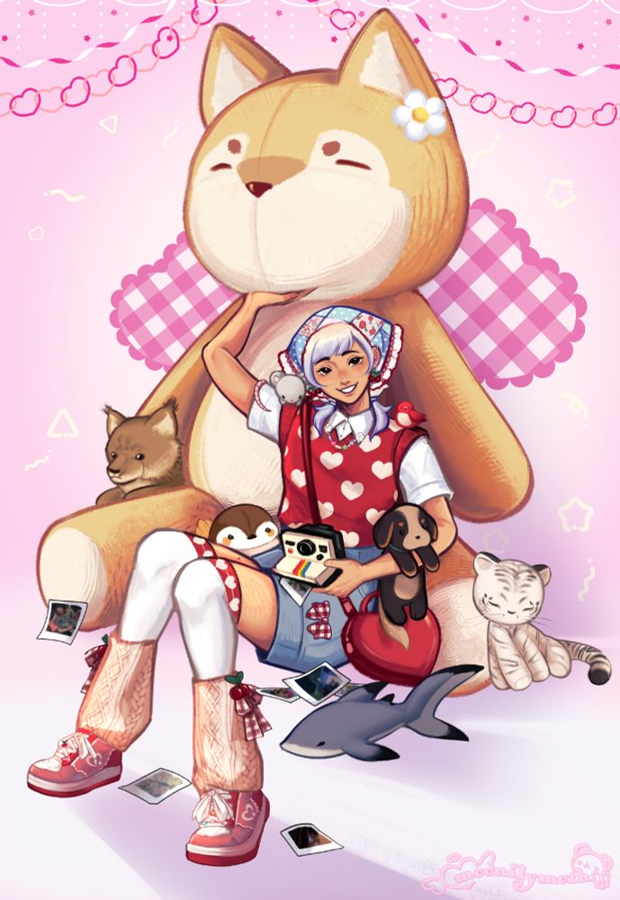 oc: peregrine. they sit in a cute, accessorized valentine's outfit. around them are many animal plushies, representative of their various friends. a polaroid camera sits in their lap, where fond memories spill onto the floor.