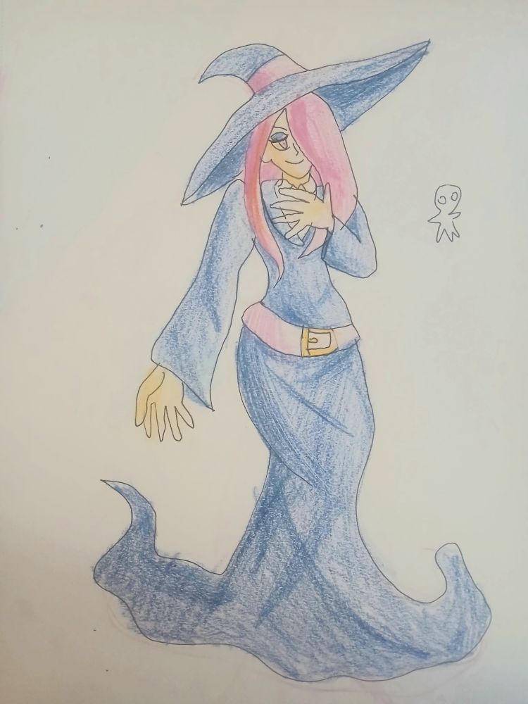 Sucy Manbavaran from Little Witch Academia grinning while holding her hand to her chest 