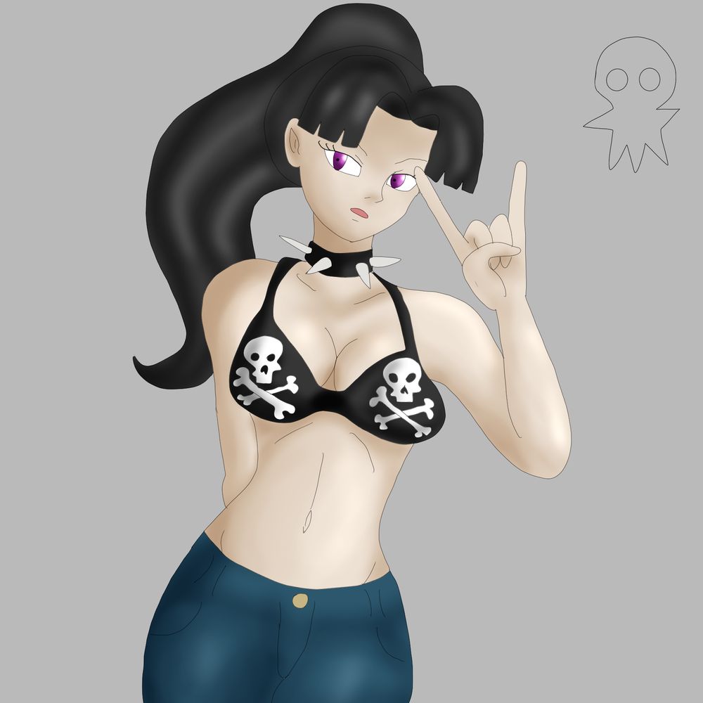 My OC Edna wearing a skull bikini top and jeans holding the \m/