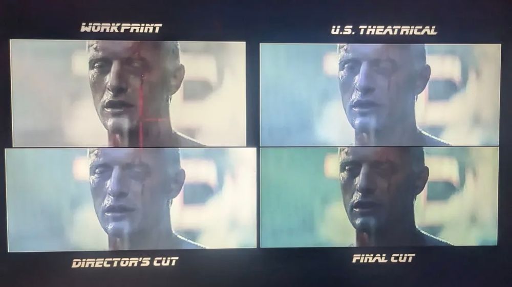 A screenshot of Roy Batty from four different cuts of Blade Runner
