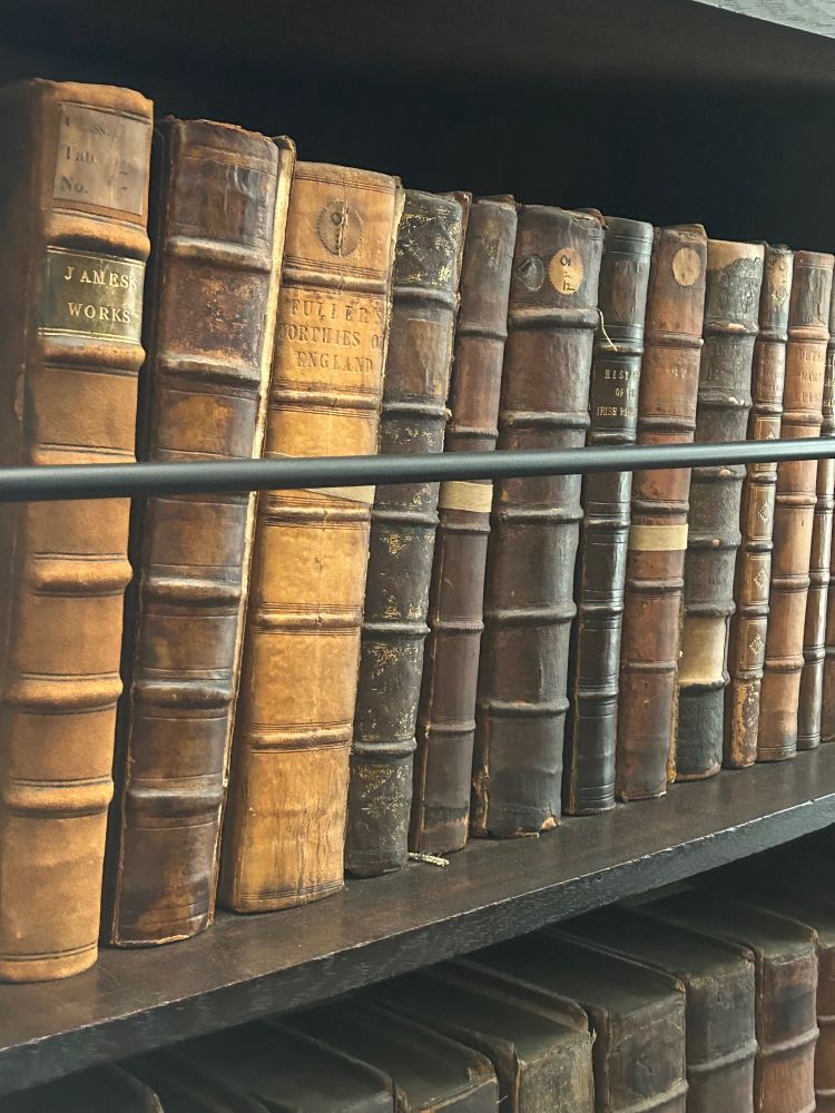 Ein Bücherregal mit alten Büchern in einer Bibliothek.