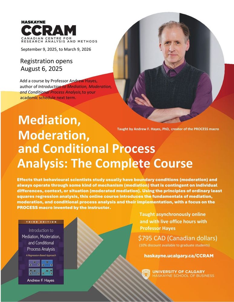 Brochure for Mediation, Moderation, and Conditional Process Analysis: The Complete Course. Offered online, class begins Sept 9, 2025, and goes through March 9, 2026, but you can begin early once you register. There are no set times in which you must be online to take the course. 