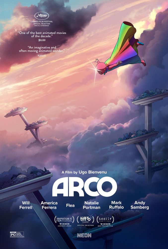 Affiche américaine d'arco
On voit l'enfant voler avec sa cape arc en ciel dans les nuages au milieu des maisons perchées sur des structures métalliques, avec leurs jardins 