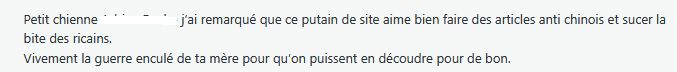 Petit chienne j’ai remarqué que ce putain de site aime bien faire des articles anti chinois et sucer la bite des ricains.
Vivement la guerre enculé de ta mère pour qu’on puissent en découdre pour de bon.