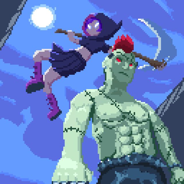 a pixel art piece featuring a girl in a skirt and hoodie falling from above, scythe readied, about to swing it at a frankenstein's monster-looking guy with a red mohawk. the full moon shines above