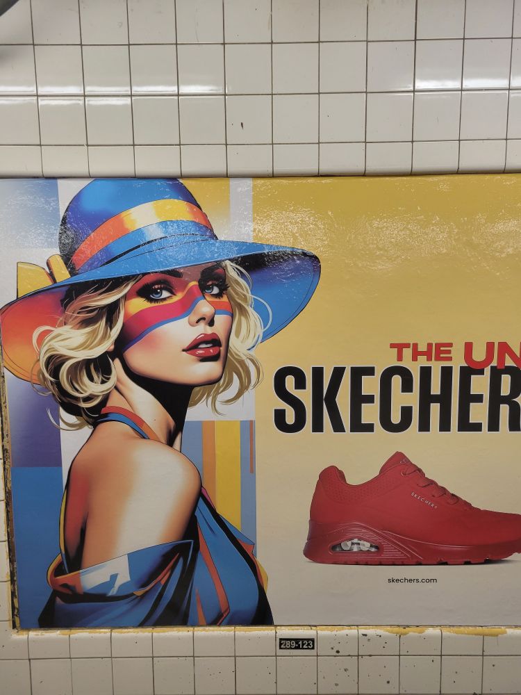 A subway ad for Sketchers Uno sneakers featuring a stylized white woman wearing a blue top and broad-brimmed sun hat. The top and hat have white, red, and yellow decorations, and the woman's face has blue, red, and yellow stripes across the bridge of her nose and the face around her eyes. An actual pic of a red sneaker is shown next to her. The image of the woman looks somewhat cartoonish but also not drawn by hand (if that makes sense)