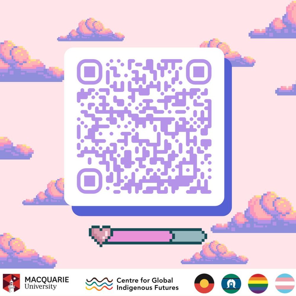 Second page of the flyer with same disperse clouds background.
At the center a QR code that leads to the survey.
Below it a gaming health bar, 3/4 full with a heart on the left side of it.
Bottom center the Centre for Global Indigenous Futures logo.
At the bottom right corner encircled the Aboriginal flag, the Torres Strait Islands flag, the pride flag and the trans flag.
