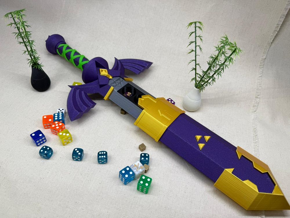 Espada de juguete impresa en 3d para guardar dados de rol (7 dados) con su funda a juego