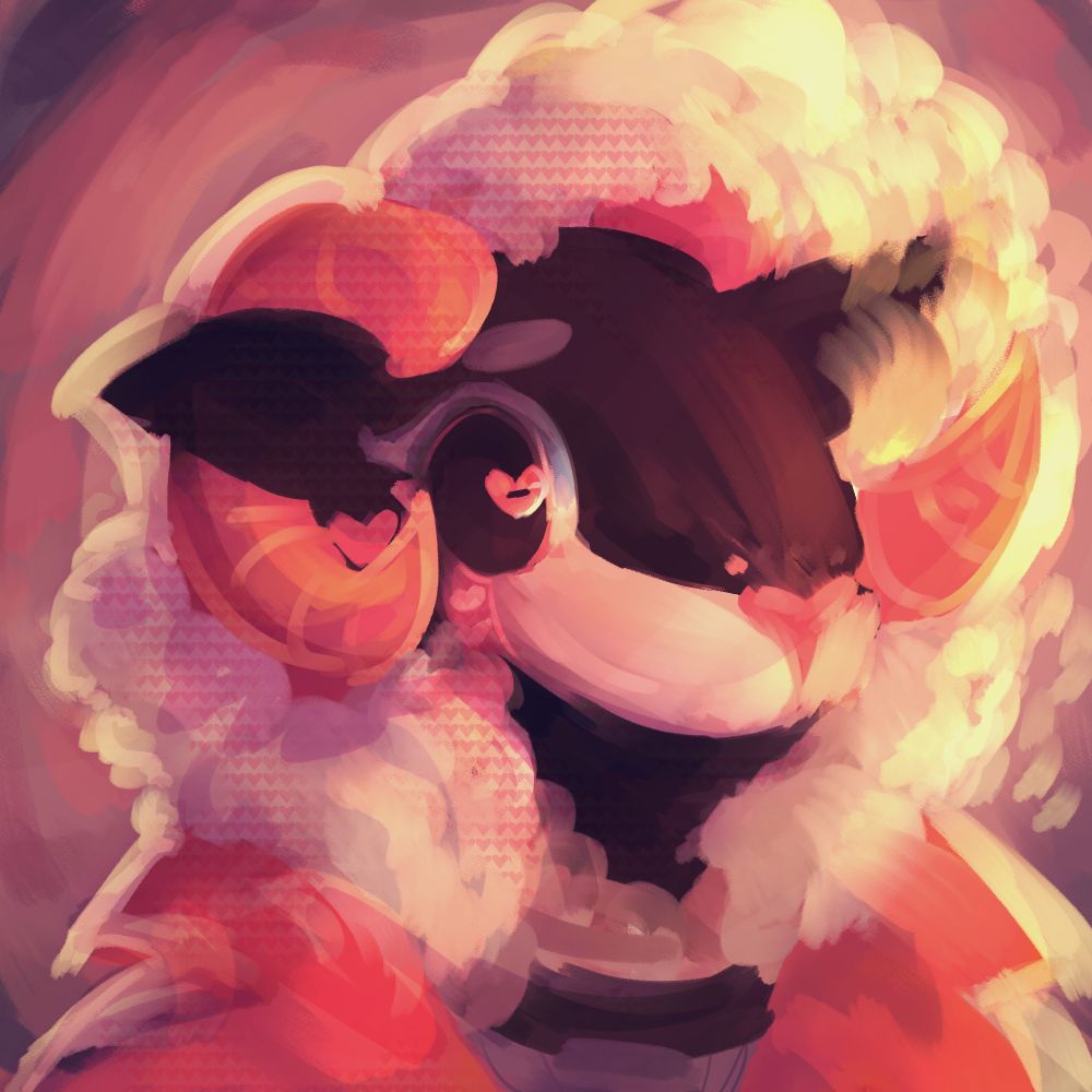 The same character, Tim, drawn in a much more loose artstyle, just showing her head and shoulders. She has a neutral expression and is posed on a purple and pink background, with strong yellow highlights. The shading has a heart pattern.