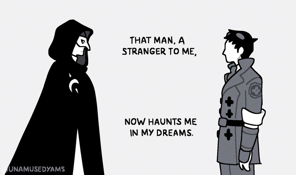 Monochrome mdryuu comic. The Masked Disciple stands on the left looking at a faceless figure of Ryuu across from them. Text between the two reads, "That man, a stranger to be, now haunts me in my dreams."