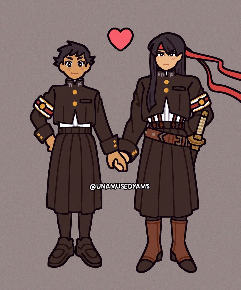 Fem designs of Ryuunosuke and Kazuma. Ryuu still has short spiky hair while Kazuma has long straight hair. Both wear the same uniform of a black cropped jacket with a white shirt tucked into their long skirts. They are holding hands and have a heart amobe their heads.