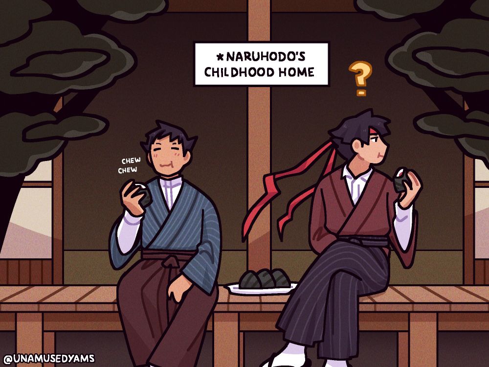 Digital fan comic. Kazuma and Ryuunosuke sit outside Ryuu's house eating onigiri together. Ryuu happily munches (sfx: chew chew) as Kazuma looks off to the side with a question mark above his head. Text box in the top middle: "*Naruhodo's Childhood Home"