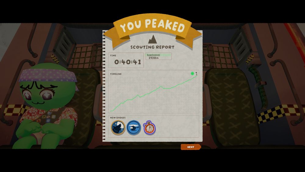 The end result screen of PEAK, a multiplayer co op game.

The top has a yellow banner that says You Peaked. Under that is the scouting report, detailing my final time, forty minutes and forty one seconds, as well as my final elevation of 1980 meters. There's a graph showing my height over time with an upwards trend from beginning to end. At the bottom, three scout badges are displayed. The lone wolf badge, for completing the game alone. A badge I don't remember the name of which I got for not falling unconscious on the climb. And the speed run badge, for finishing the game in under an hour.

In the background, there's four helicopter seats. Only the first one is filled, with my character model. A green, cartoonish character wearing a floral shirt, tan pants, and a floral bandana. The character model has stars in its eyes and a mouth in the shape of a w.