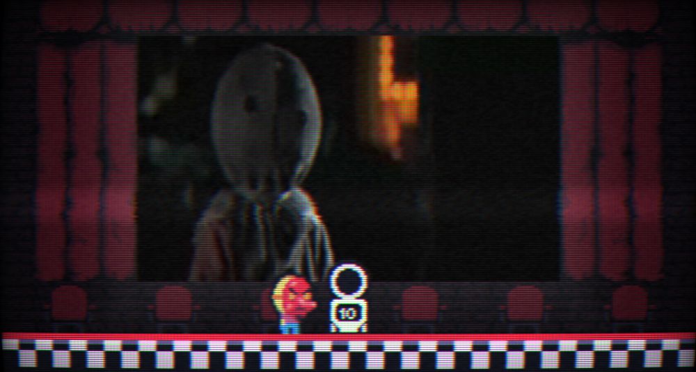 A screenshot from the game Candy Quota. A character wearing a Tengu Mask can be seen standing in a movie theater with the Trick 'r Treat trailer playing on the movie screen.