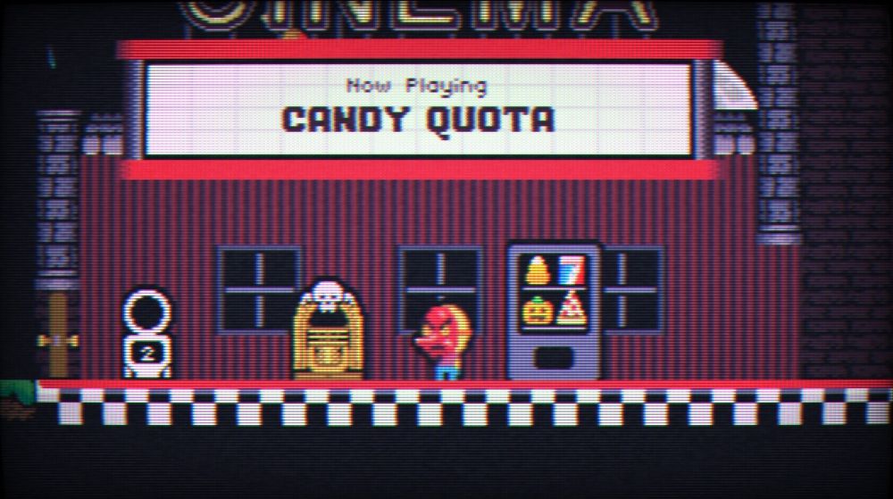 A screenshot of the game Candy Quota. A character wearing a Tengu Mask can be seen standing between a jukebox and a vending machine in a cinema lobby.