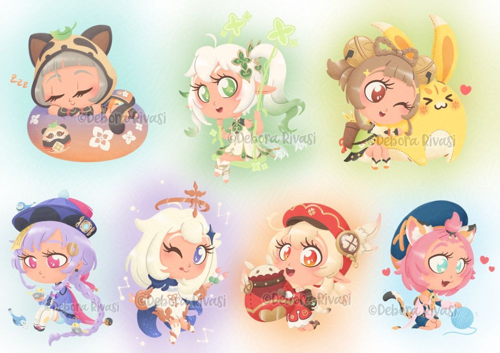 A collage of some children characters from Genshin Impact, drawn with a chibi style.
The characters are: Sayu, Nahida, Yaoyao, Qiqi, Paimon, Klee and Diona.