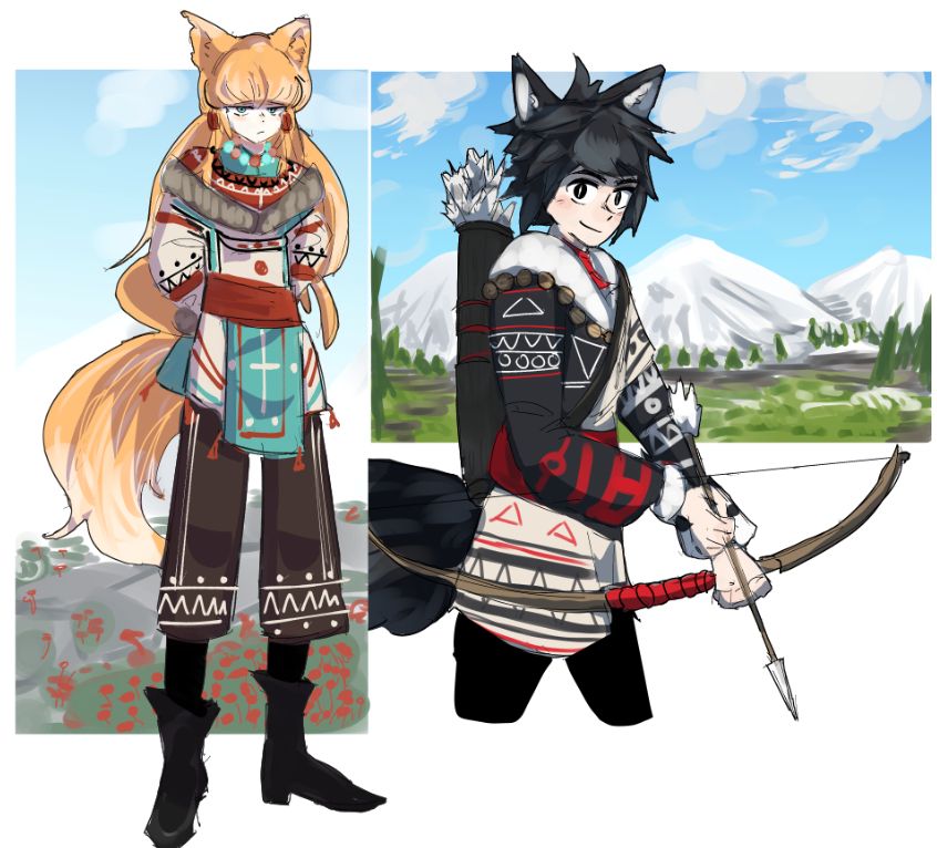 Two chilly fur-covered individuals stare into a pale void, one is unamused, the other entertained.