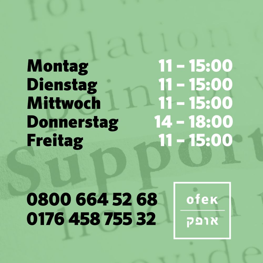 Montag 11 – 15:00 
Dienstag 11 – 15:00 
Mittwoch 11 – 15:00 
Donnerstag 14 – 18:00 
Freitag 11 – 15:00

0800 664 52 68
0176 458 755 32