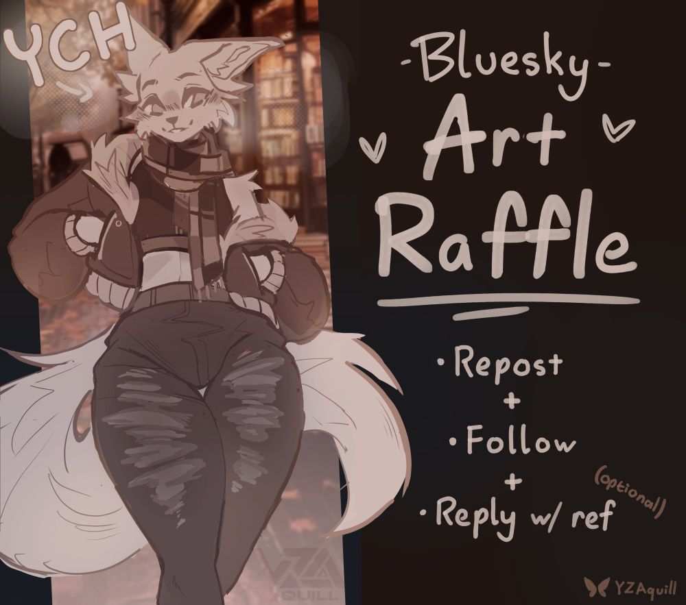 Cozy autumn YCH sketch of a canid in a bomber jacket, crop top & scarf standing by a street. Next to them info about the raffle (Repost + Follow to enter, replying with a reference is optional!)