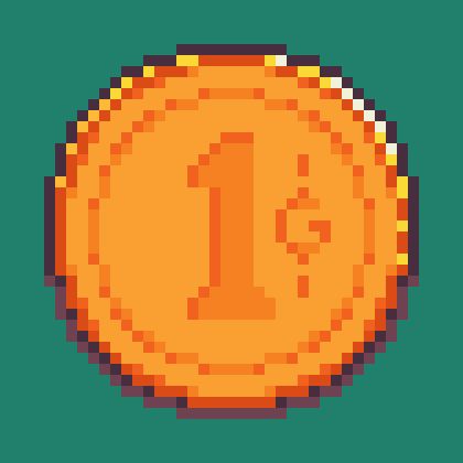 Pixel art of a gold coin on a green background