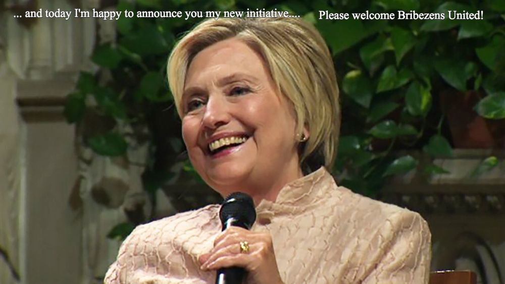 Image of a robot resembling Madam Hilary Clinton, announcing a new transparent initiative... the Bribezens United.