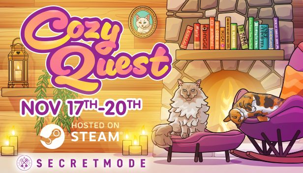 A promotional image for the upcoming Steam event titled Cozy Quest, run by Secret Mode — a UK based video game publisher with a special interest in wholesome and cozy games.

The upcoming title Momento, by Fat Alien Cat & Nomo Studio will be taking part and will be available for download on Steam as of teh 17th of November.

This project is supported by Midnighters in a production capacity, and as such we encourage you to try the demo when it is live later today.