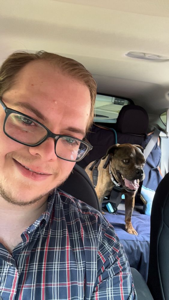 The same dog, now older, sitting in the back of a car. She has an anxious smile, and is happily buckled in next to a bright blue dinosaur toy.

(The last picture I took of her.)