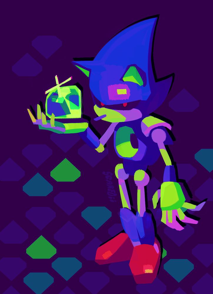 Fan art of Metal Sonic holding a glowing chaos emerald and staring at the viewer
