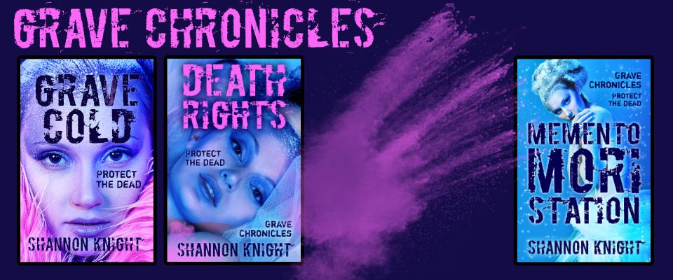 Grave Chronicles. Book covers of Grave Cold, Death Rights, and Memento Mori Station by Shannon Knight. Each features a photo of the same model cast in blue or violet light and covered in frost.
