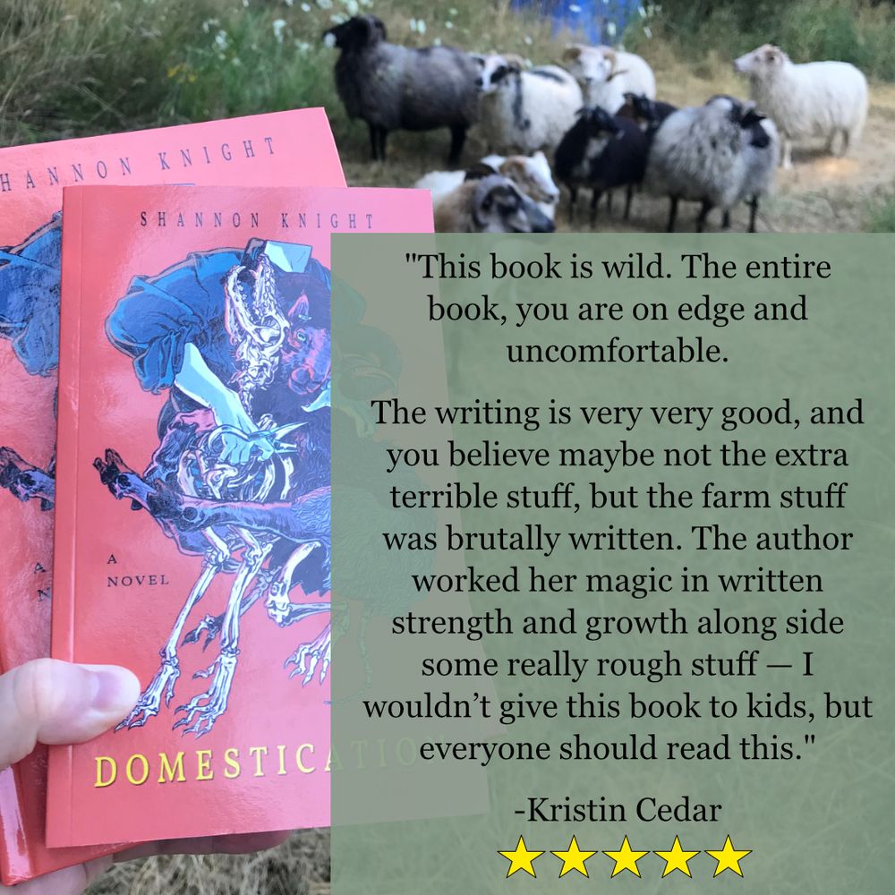Photo of the paperback and hardcover of Domestication by Shannon Knight held in front of about ten Icelandic sheep. Review says: "This book is wild. The entire book, you are on edge and uncomfortable. The writing is very very good, and you believe maybe not the extra terrible stuff, but the farm stuff was brutally written. The author worked her magic in written strength and growth along side some really rough stuff -- I wouldn't give this book to kids, but everyone should read this." -Kristin Cedar. Five stars.