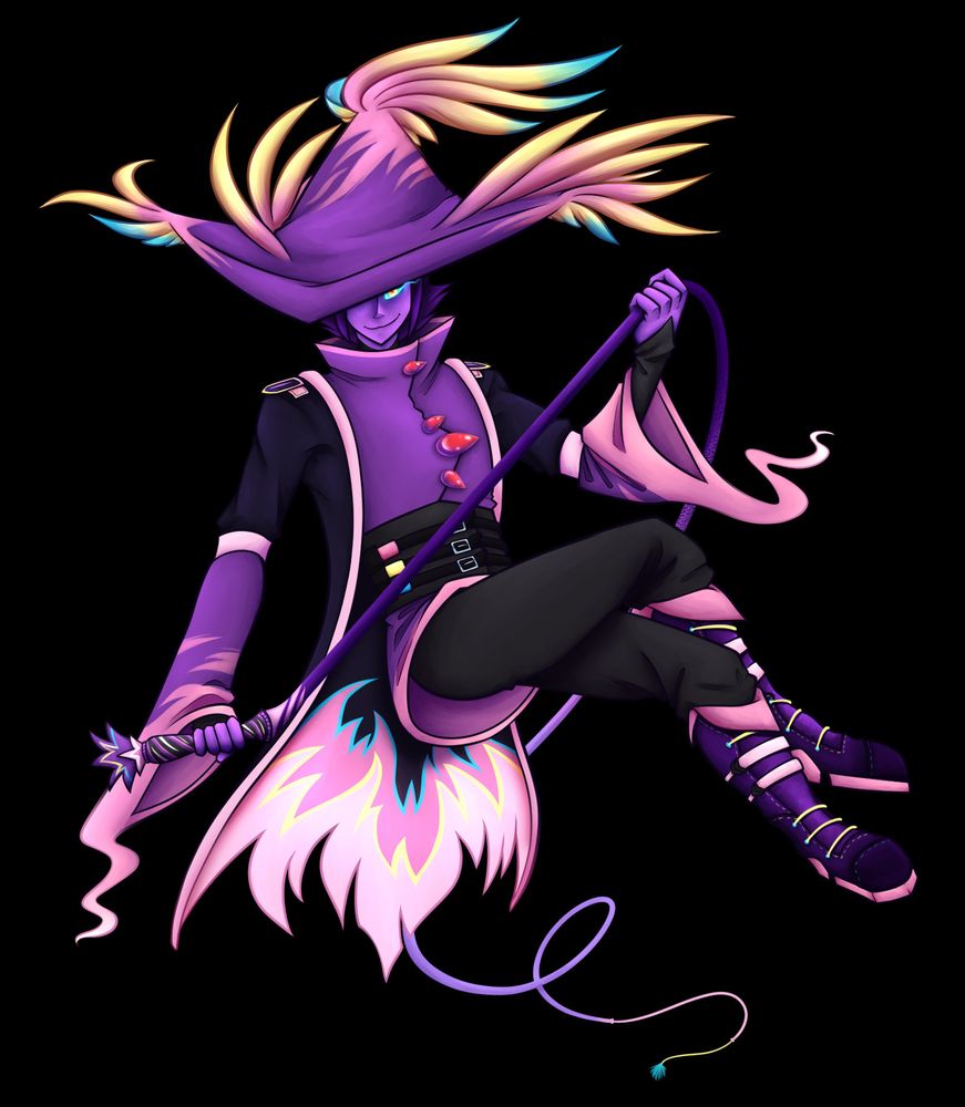 A Mismagius Gijinka. He's floating in mid arm with legs crossed, holding onto a whip.