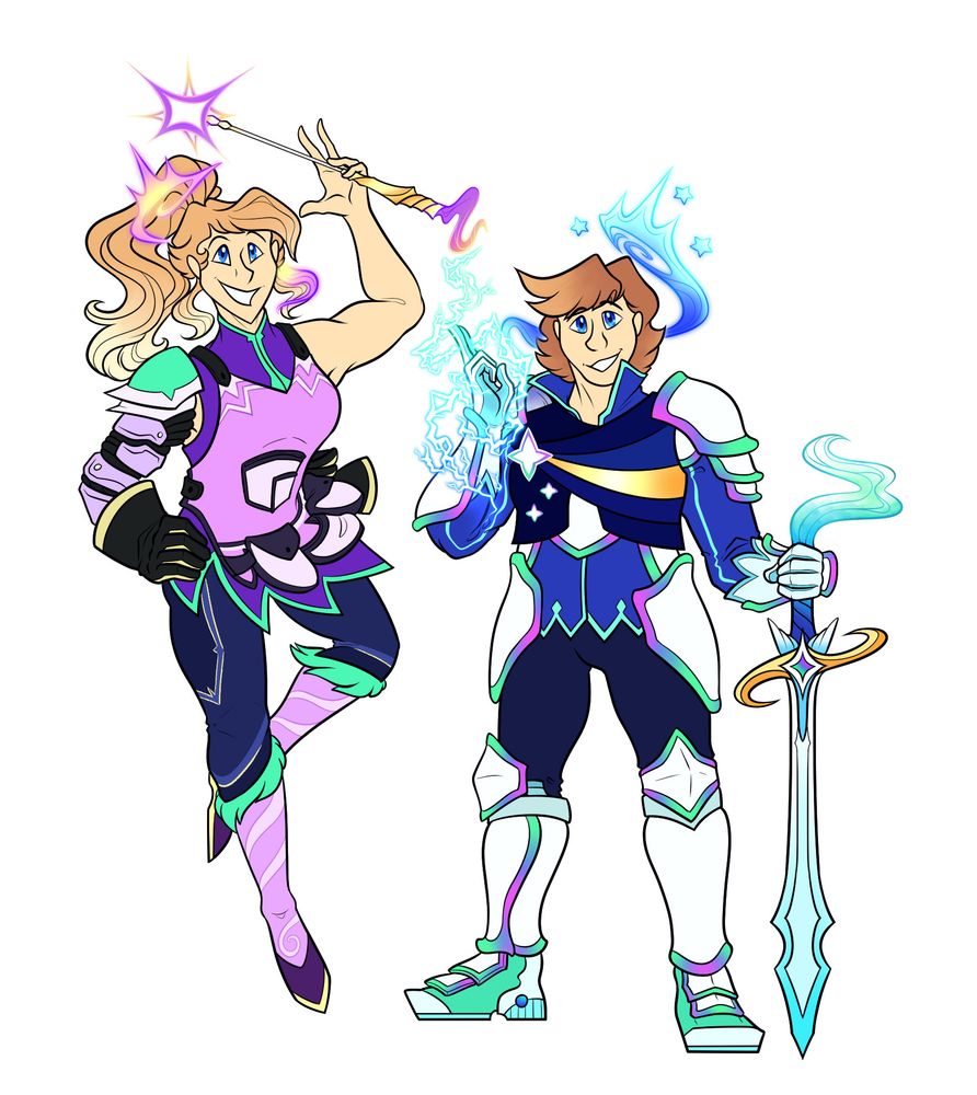 Twins Twyla (Left) and Aaron (Right), Princess and Prince from a Space-faring Kingdom, with powers of Gravity, Magic (Twyla) and Lightning (Aaron). Twyla's got a thick engineering glove on one hand (The other is tucked into her apron) Aaron's got a sword in one hand and lightning in the other. They've both got space crowns in their colours.