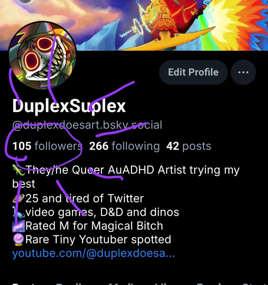 Screenshot of my profile with my follower number circled. It's 105 followers.