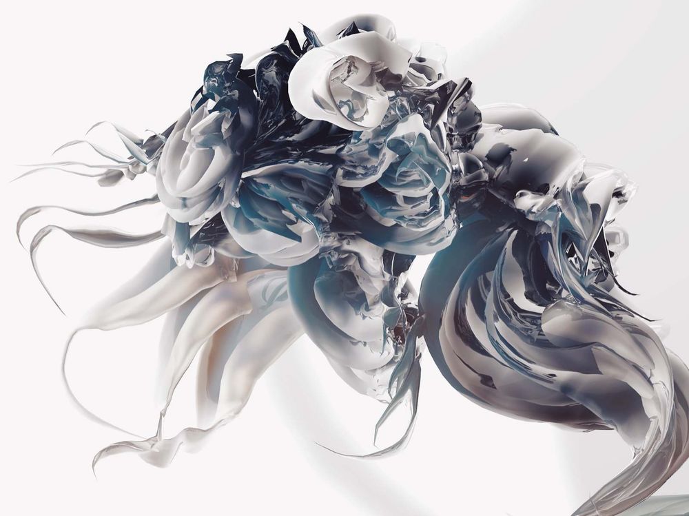 Peinture de l'artiste Sougwen Chung dans les tons blanc et bleu-gris. C'est une forme abstraite qui ressemble à des pétales ou à des vagues.