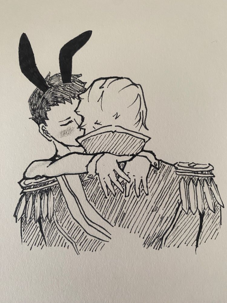 pen drawing of ryuu with bunny ears and his hands wrapped around barok van ziek's neck. his eyes are closed and he's blushing
