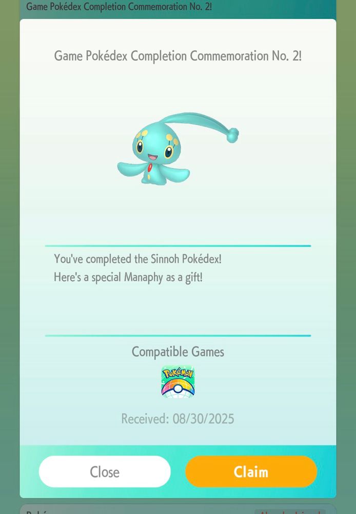 pokemon home redemption screen for shiny manaphy. obtained by completing the sinnoh pokedex in bdsp