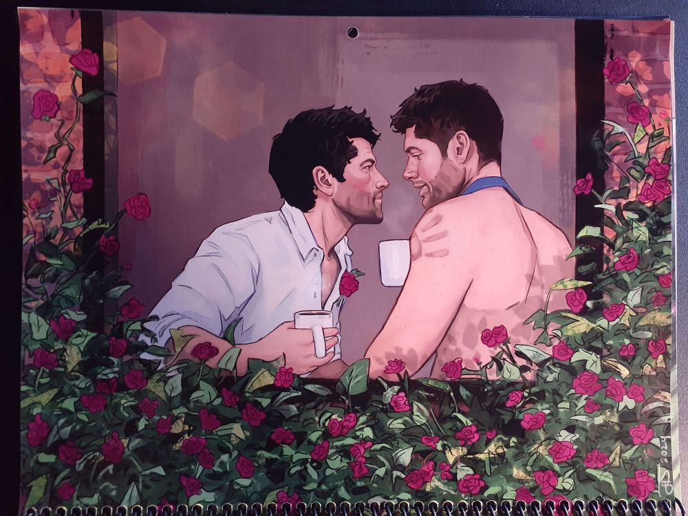 Art by Jackie Dee - Castiel and Dean having coffee amongst red roses. Dean is shirtless and wearing Castiel's tie