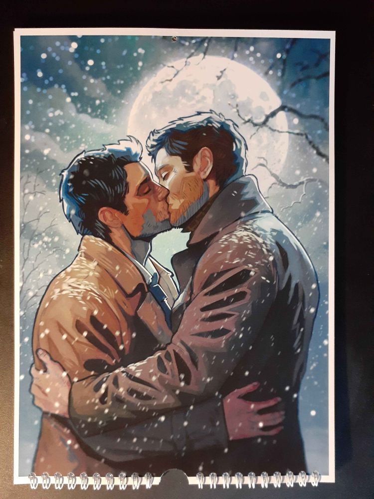 Art by TheFriendlyPigeon: Dean and Cas sharing a kiss in the snow