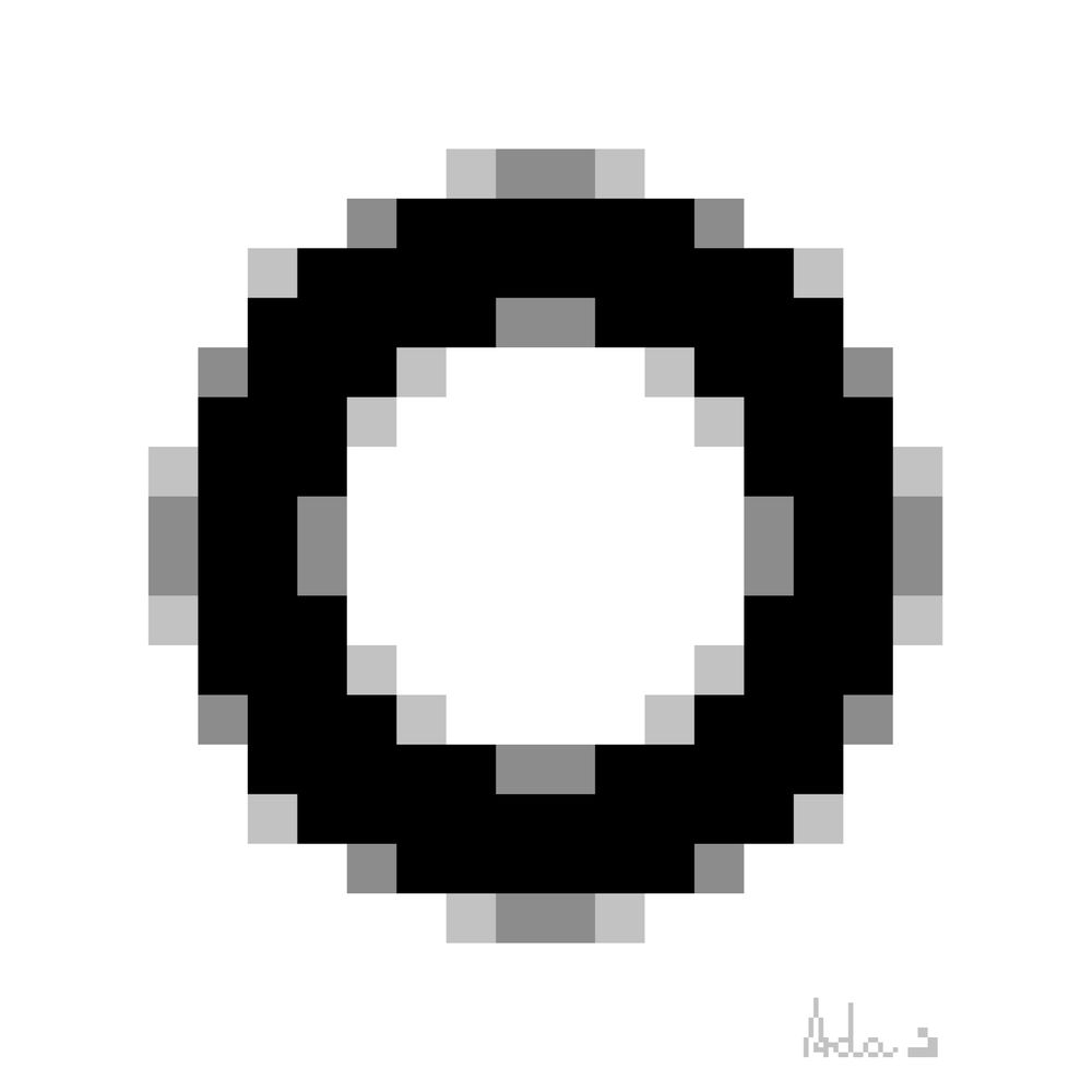 A low resolution circle in pixel art style with aliased edges. the artist's sginature is on the bottom right in pixel art, and reads "Ada" followed by a glider shape from conway's game of life. More effort was put into this that should have been for the premise and the fact that the artist has work in 5 hours and should be sleeping