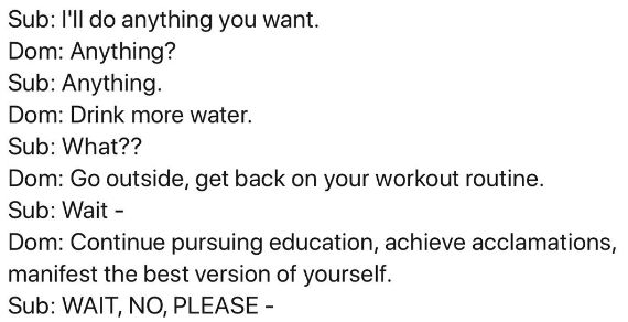 Sub: I'll do anything you want.
Dom: Anything?
Sub: Anything.
Dom: Drink more water.
Sub: What??
Dom: Go outside, get back on your workout routine.
Sub: Wait -
Dom: continue pursuing education, achieve acclamations, manifest the best version of yourself.
Sub: WAIT, NO, PLEASE -