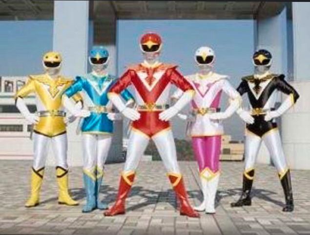 Photo of Choujin Sentai Jetman. A five person team, in their hero suits. From left to right we have Yellow, Blue, Red, White, Black. 