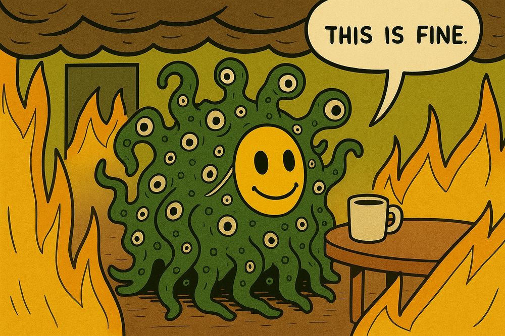 A cartoon mixing two memes, KC Green's "this is fine" dog sitting smiling in a room consumed by fire, and the AI shoggoth meme popularized on LessWrong.

The shoggoth, wearing its smiley-faced mask, sits with a coffee mug amid flames in the burning room, emitting the tokens "this is fine" like a stochastic parrot about to burn.