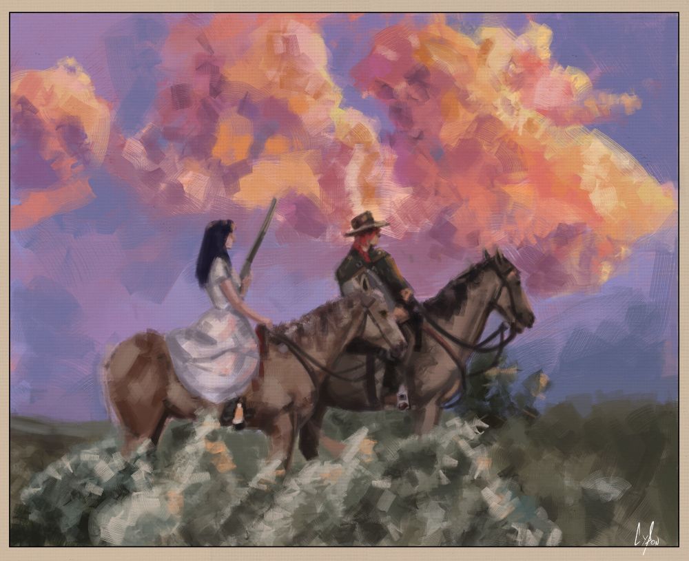 Fanart of Caitlyn and Vi from Arcane, in a western style setting
Vi’s on horseback, wearing a dark green poncho and her long reddish hair in a side braid. Behind her, Caitlyn’s also on horseback, wearing a white dress and holding her rifle. They’re out in a grassy field under a sky filled with clouds in shades of deep pink, orange, lavender, and blue.