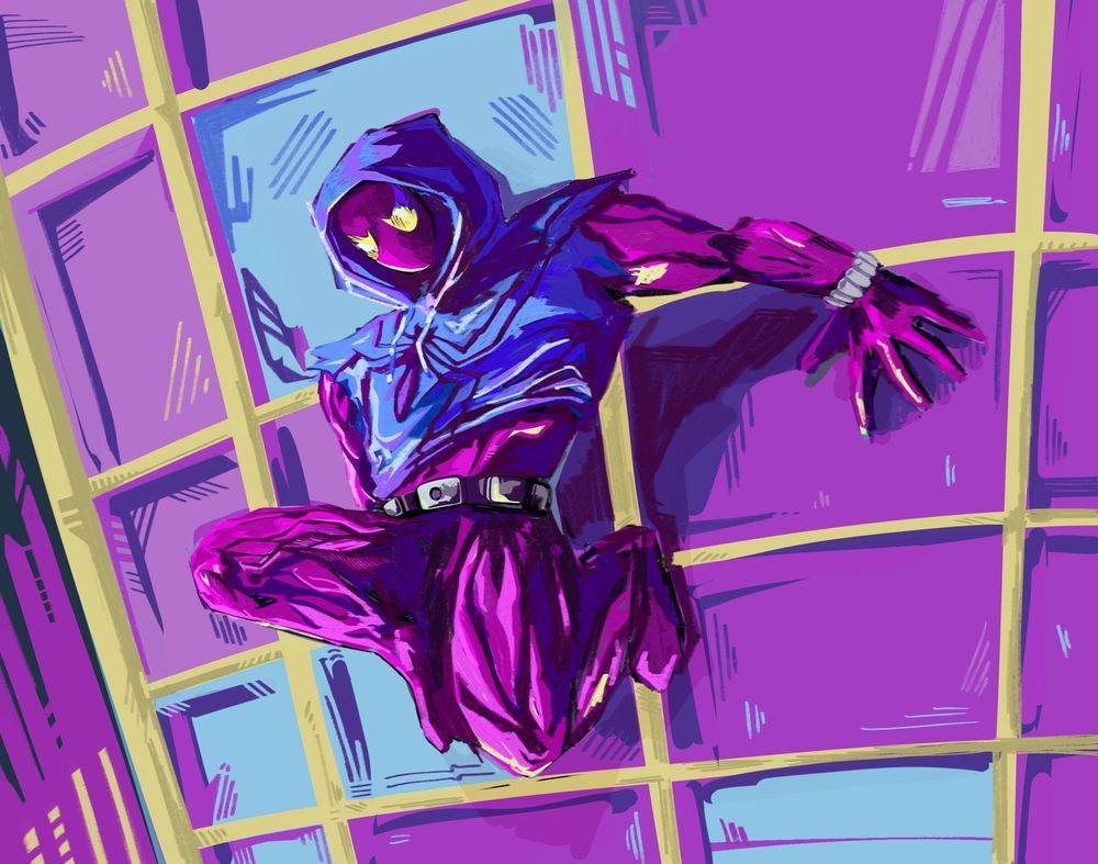 Scarlet spider (ben reilly) sticking to a skyscaraper