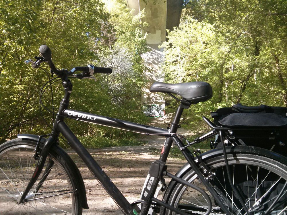 A shiny, black hybrid bike sitting on a dirt path in front of lush, bright green trees and under a concrete bridge. The bike has splash guards on both wheels, a rack holding a pannier, and a big lock mounted to the side of the seat post.